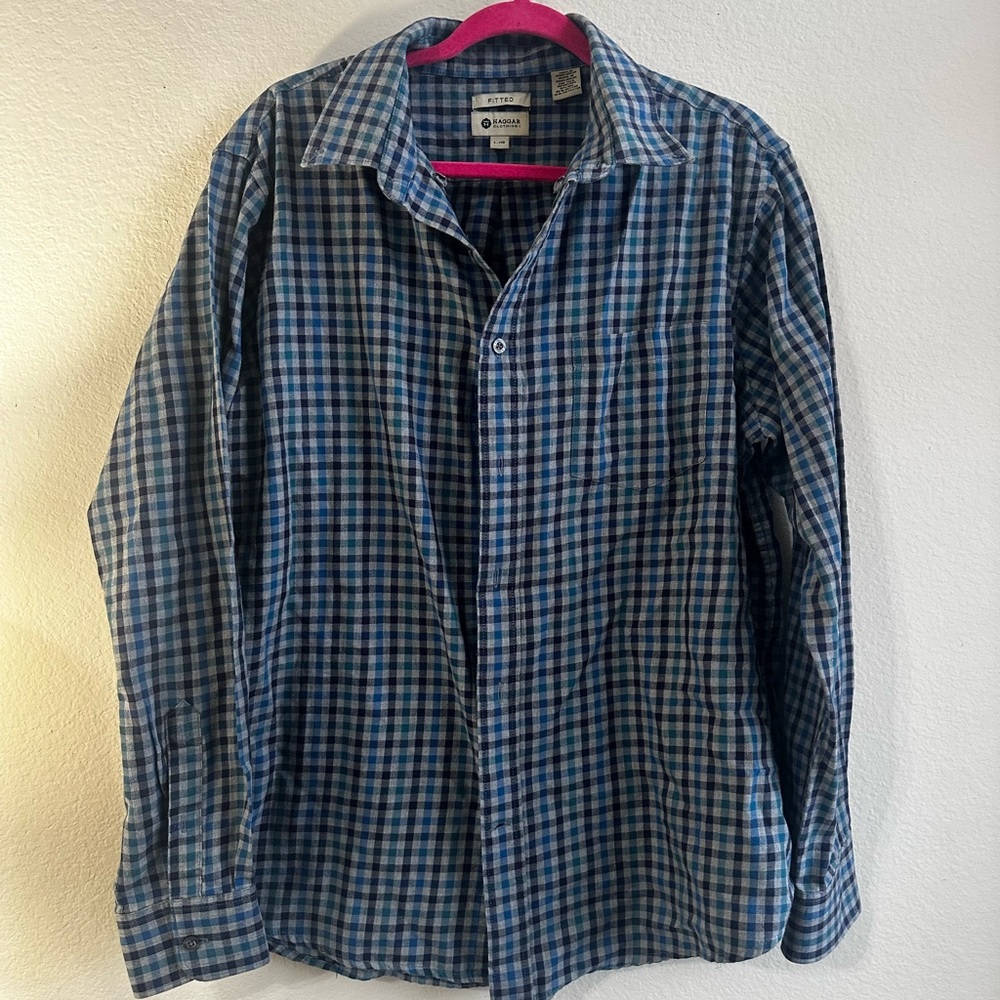 Haggar Men's Blue and Black Plaid Shirt